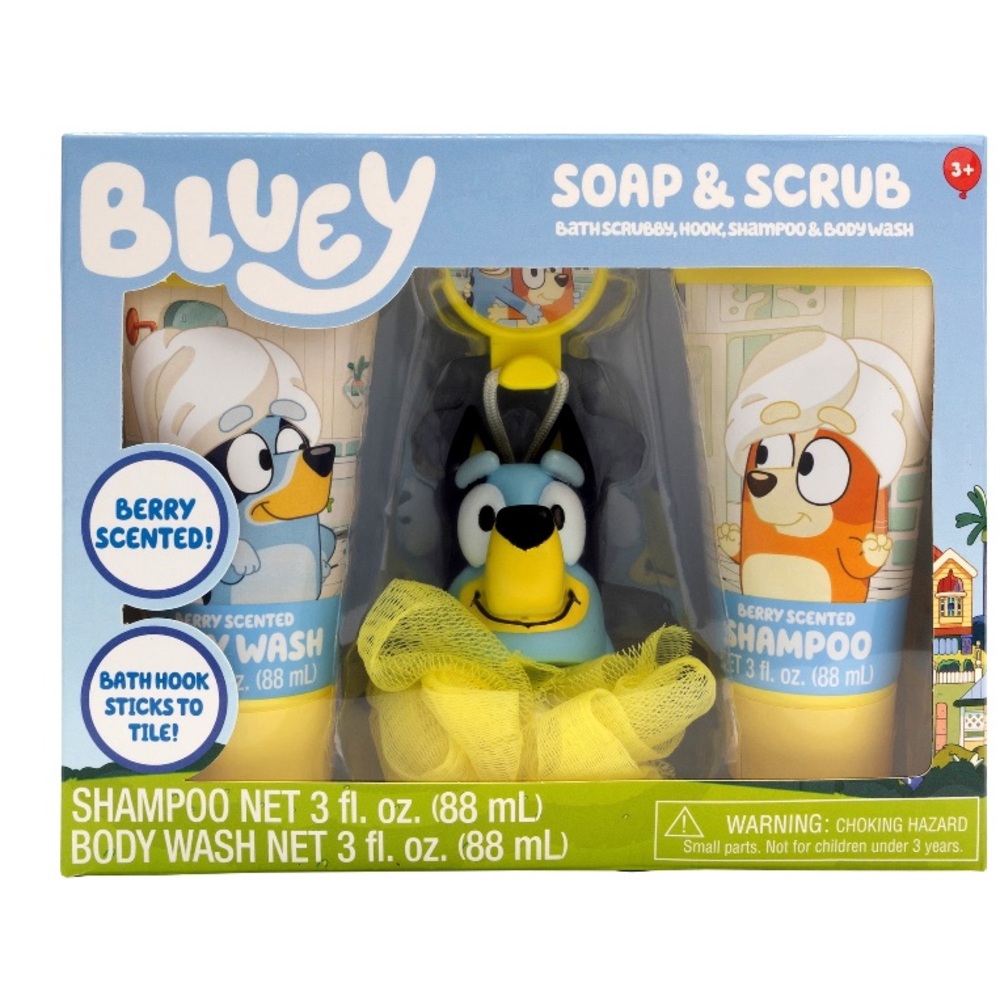 Berry Scented 3 Piece Set Kids Shampoo, Body Wash & loofah Set - Blue and Yellow